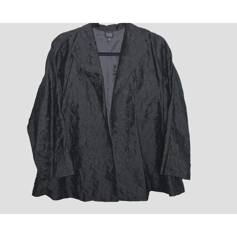 Eileen Fisher Jacket S Black Silk Crinkle Texture Lightweight Blazer Minimalist‎